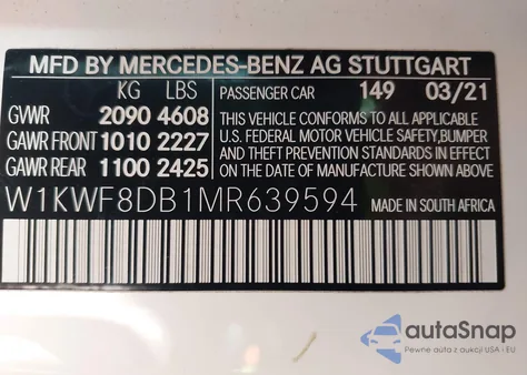 2021 Mercedes-Benz C 300 Sedan z USA, uszkodzony, nr VIN W1KWF8DB1MR639594